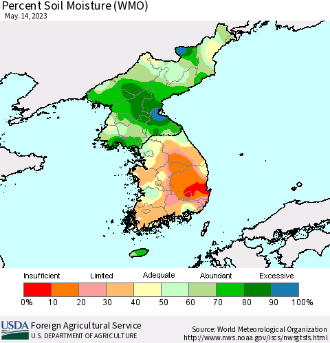 Korea Percent Soil Moisture (WMO) Thematic Map For 5/8/2023 - 5/14/2023