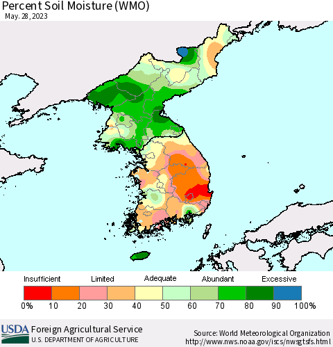 Korea Percent Soil Moisture (WMO) Thematic Map For 5/22/2023 - 5/28/2023