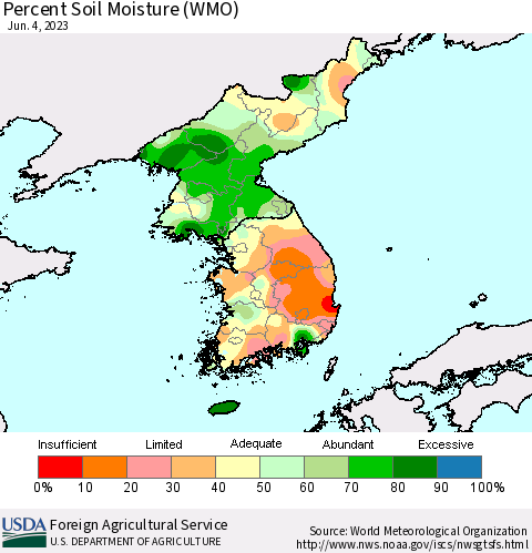 Korea Percent Soil Moisture (WMO) Thematic Map For 5/29/2023 - 6/4/2023