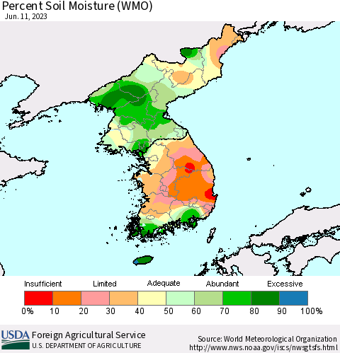 Korea Percent Soil Moisture (WMO) Thematic Map For 6/5/2023 - 6/11/2023