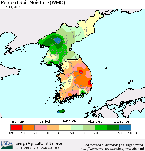 Korea Percent Soil Moisture (WMO) Thematic Map For 6/12/2023 - 6/18/2023