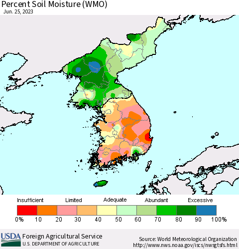Korea Percent Soil Moisture (WMO) Thematic Map For 6/19/2023 - 6/25/2023