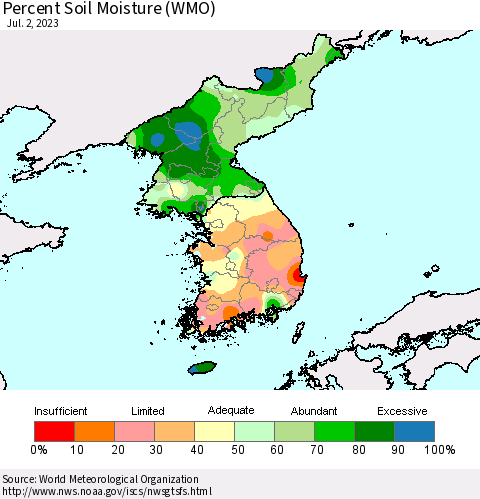 Korea Percent Soil Moisture (WMO) Thematic Map For 6/26/2023 - 7/2/2023