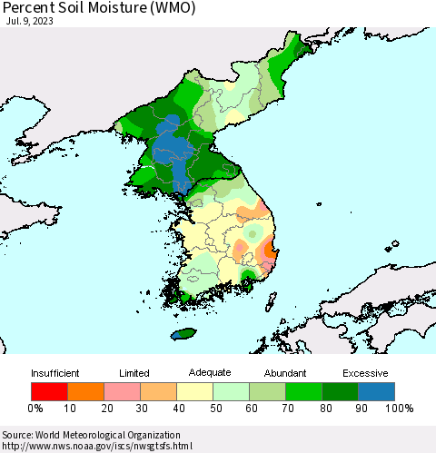 Korea Percent Soil Moisture (WMO) Thematic Map For 7/3/2023 - 7/9/2023