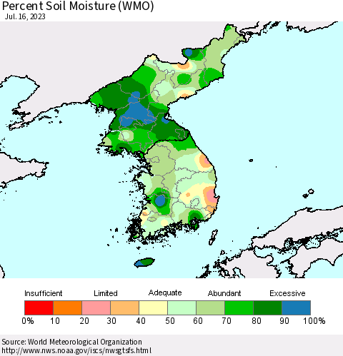 Korea Percent Soil Moisture (WMO) Thematic Map For 7/10/2023 - 7/16/2023