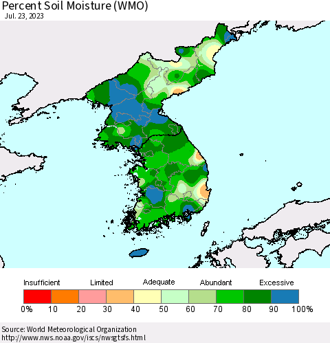 Korea Percent Soil Moisture (WMO) Thematic Map For 7/17/2023 - 7/23/2023