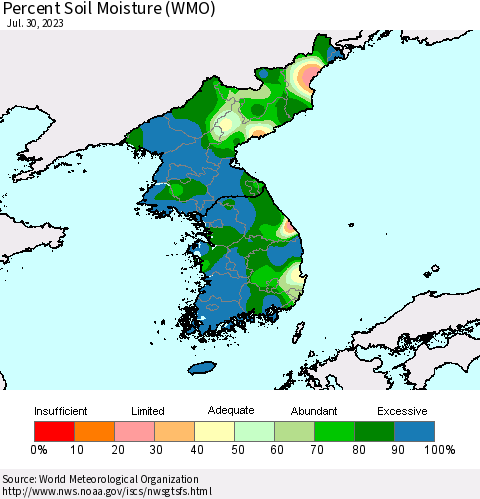 Korea Percent Soil Moisture (WMO) Thematic Map For 7/24/2023 - 7/30/2023
