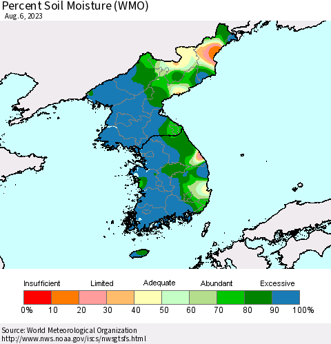 Korea Percent Soil Moisture (WMO) Thematic Map For 7/31/2023 - 8/6/2023