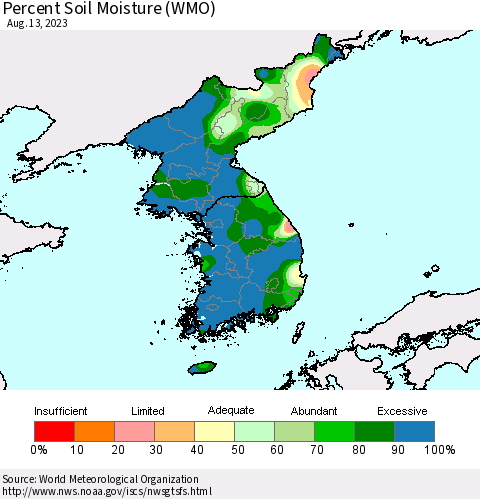 Korea Percent Soil Moisture (WMO) Thematic Map For 8/7/2023 - 8/13/2023