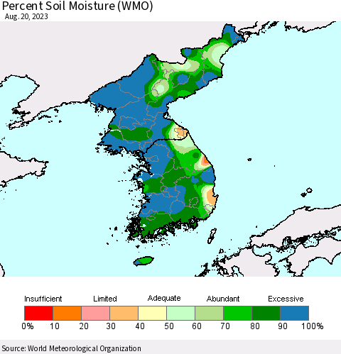Korea Percent Soil Moisture (WMO) Thematic Map For 8/14/2023 - 8/20/2023