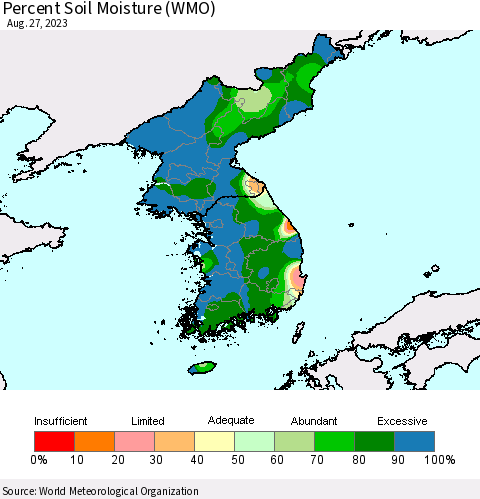 Korea Percent Soil Moisture (WMO) Thematic Map For 8/21/2023 - 8/27/2023