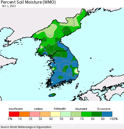 Korea Percent Soil Moisture (WMO) Thematic Map For 9/25/2023 - 10/1/2023