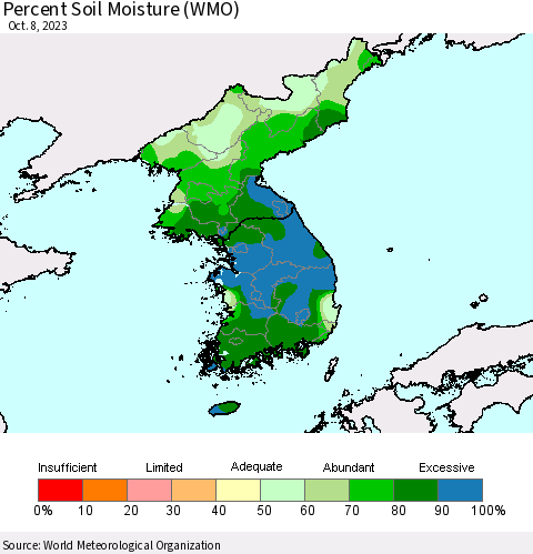 Korea Percent Soil Moisture (WMO) Thematic Map For 10/2/2023 - 10/8/2023