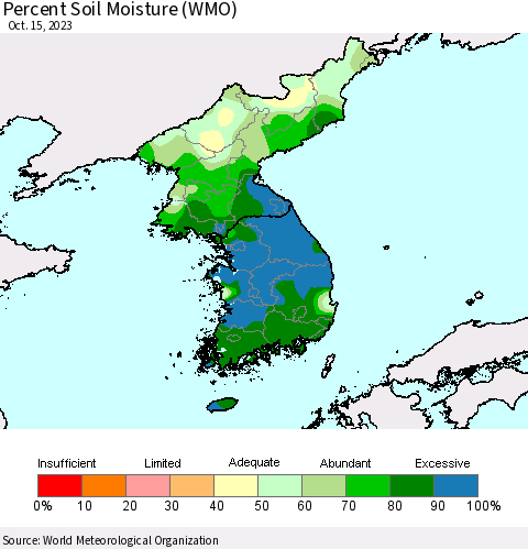 Korea Percent Soil Moisture (WMO) Thematic Map For 10/9/2023 - 10/15/2023