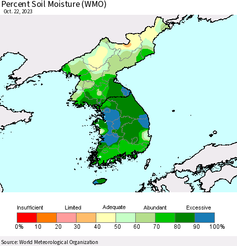 Korea Percent Soil Moisture (WMO) Thematic Map For 10/16/2023 - 10/22/2023