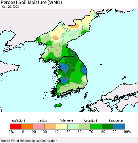Korea Percent Soil Moisture (WMO) Thematic Map For 10/23/2023 - 10/29/2023