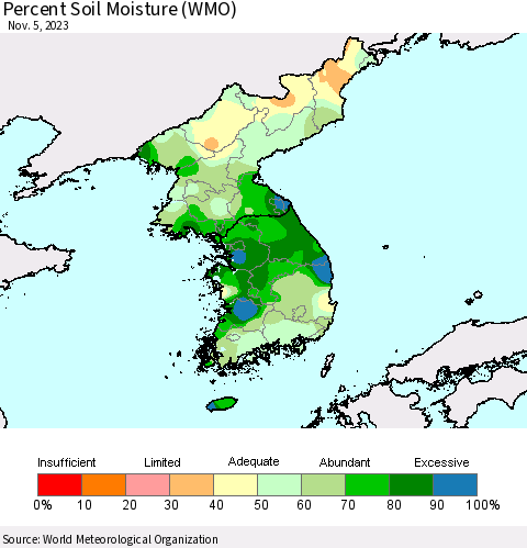 Korea Percent Soil Moisture (WMO) Thematic Map For 10/30/2023 - 11/5/2023