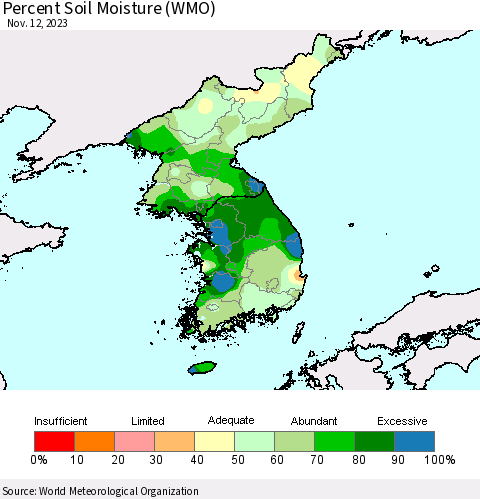 Korea Percent Soil Moisture (WMO) Thematic Map For 11/6/2023 - 11/12/2023