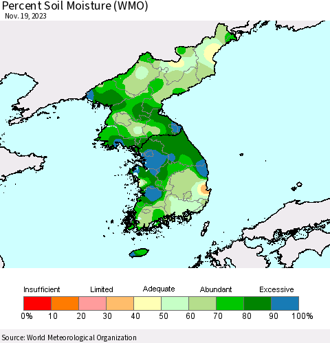 Korea Percent Soil Moisture (WMO) Thematic Map For 11/13/2023 - 11/19/2023