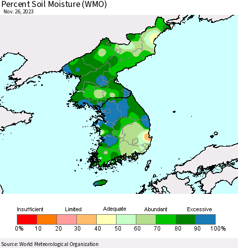 Korea Percent Soil Moisture (WMO) Thematic Map For 11/20/2023 - 11/26/2023