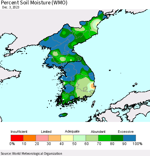 Korea Percent Soil Moisture (WMO) Thematic Map For 11/27/2023 - 12/3/2023