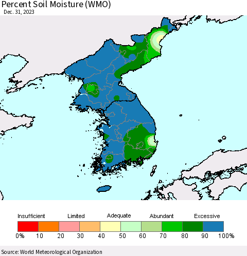 Korea Percent Soil Moisture (WMO) Thematic Map For 12/25/2023 - 12/31/2023