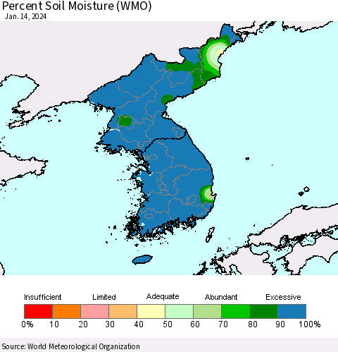 Korea Percent Soil Moisture (WMO) Thematic Map For 1/8/2024 - 1/14/2024