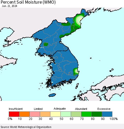 Korea Percent Soil Moisture (WMO) Thematic Map For 1/15/2024 - 1/21/2024