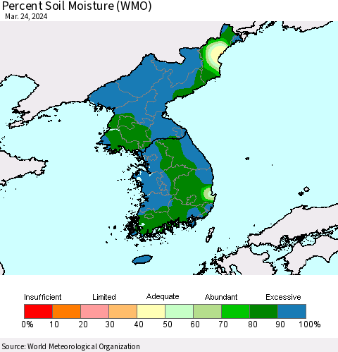 Korea Percent Soil Moisture (WMO) Thematic Map For 3/18/2024 - 3/24/2024