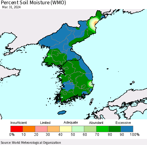 Korea Percent Soil Moisture (WMO) Thematic Map For 3/25/2024 - 3/31/2024