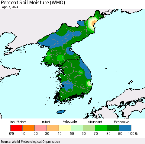 Korea Percent Soil Moisture (WMO) Thematic Map For 4/1/2024 - 4/7/2024