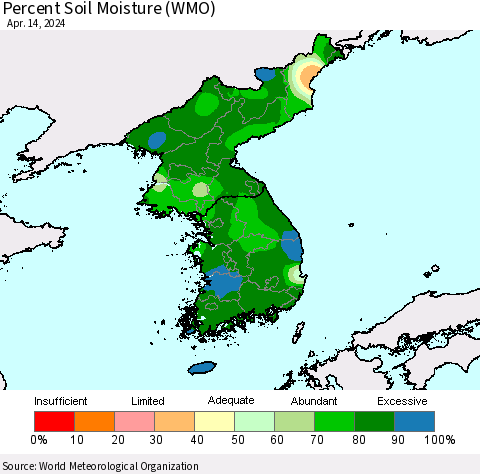 Korea Percent Soil Moisture (WMO) Thematic Map For 4/8/2024 - 4/14/2024