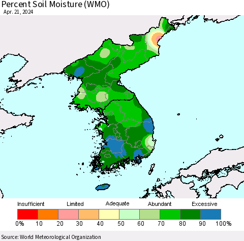 Korea Percent Soil Moisture (WMO) Thematic Map For 4/15/2024 - 4/21/2024