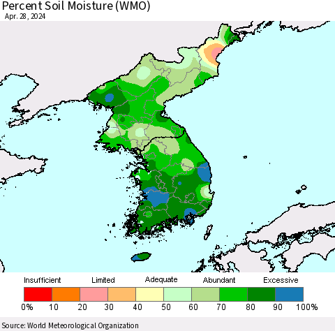 Korea Percent Soil Moisture (WMO) Thematic Map For 4/22/2024 - 4/28/2024