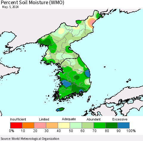 Korea Percent Soil Moisture (WMO) Thematic Map For 4/29/2024 - 5/5/2024