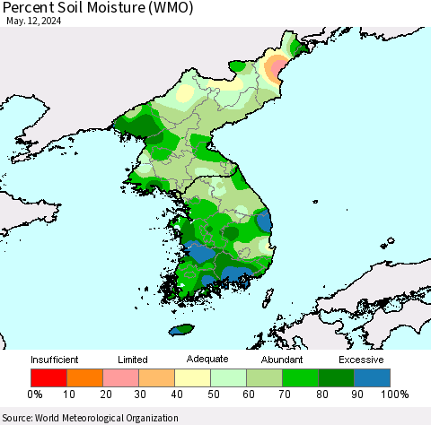 Korea Percent Soil Moisture (WMO) Thematic Map For 5/6/2024 - 5/12/2024