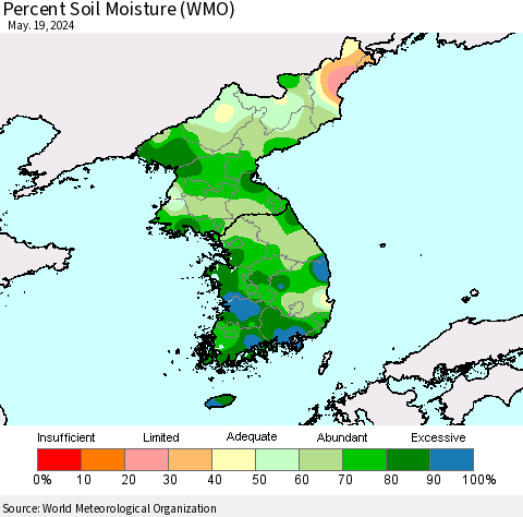 Korea Percent Soil Moisture (WMO) Thematic Map For 5/13/2024 - 5/19/2024