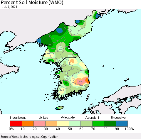 Korea Percent Soil Moisture (WMO) Thematic Map For 7/1/2024 - 7/7/2024