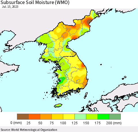 Korea Subsurface Soil Moisture (WMO) Thematic Map For 7/11/2023 - 7/15/2023