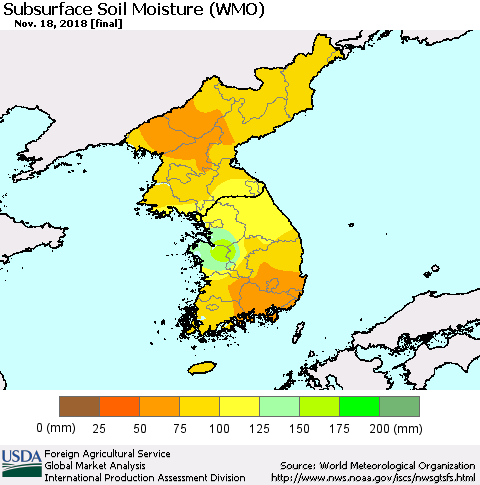 Korea Subsurface Soil Moisture (WMO) Thematic Map For 11/12/2018 - 11/18/2018