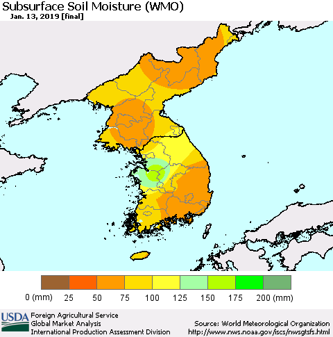 Korea Subsurface Soil Moisture (WMO) Thematic Map For 1/7/2019 - 1/13/2019