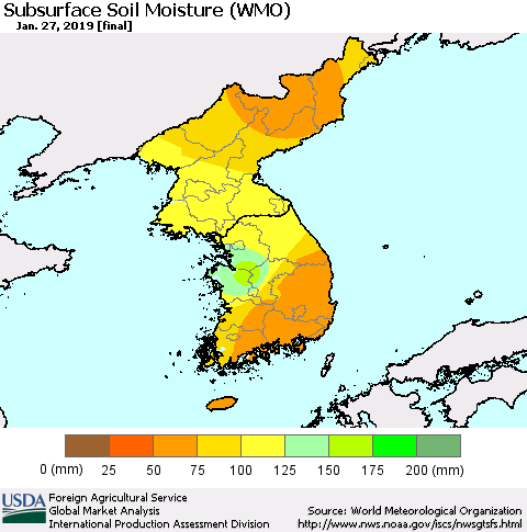 Korea Subsurface Soil Moisture (WMO) Thematic Map For 1/21/2019 - 1/27/2019