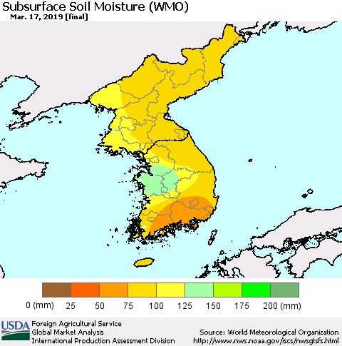 Korea Subsurface Soil Moisture (WMO) Thematic Map For 3/11/2019 - 3/17/2019