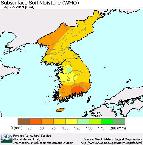 Korea Subsurface Soil Moisture (WMO) Thematic Map For 4/1/2019 - 4/7/2019