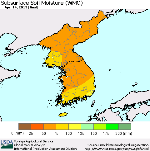 Korea Subsurface Soil Moisture (WMO) Thematic Map For 4/8/2019 - 4/14/2019