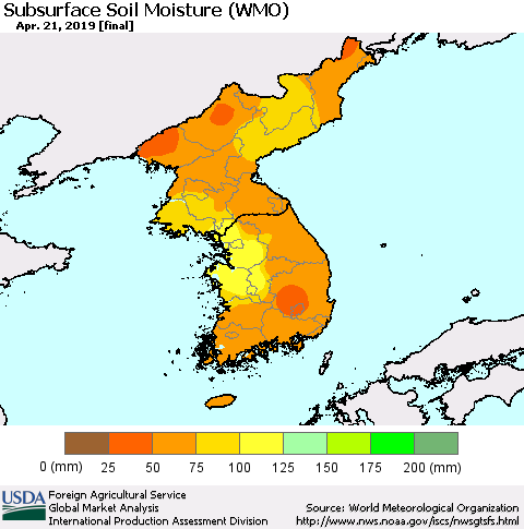 Korea Subsurface Soil Moisture (WMO) Thematic Map For 4/15/2019 - 4/21/2019