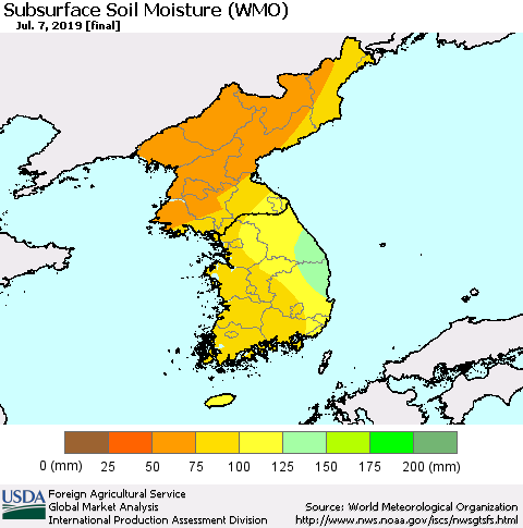Korea Subsurface Soil Moisture (WMO) Thematic Map For 7/1/2019 - 7/7/2019