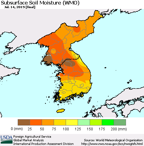 Korea Subsurface Soil Moisture (WMO) Thematic Map For 7/8/2019 - 7/14/2019