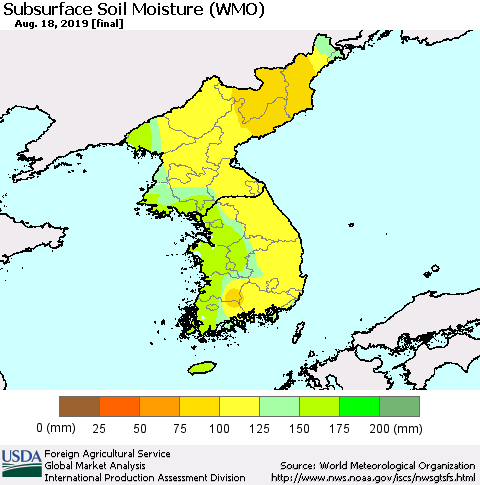 Korea Subsurface Soil Moisture (WMO) Thematic Map For 8/12/2019 - 8/18/2019