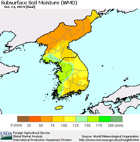 Korea Subsurface Soil Moisture (WMO) Thematic Map For 10/7/2019 - 10/13/2019